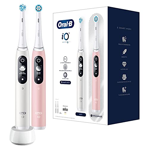 Oral-B iO Series 6 Elektrische Zahnbürste/Electric Toothbrush, Doppelpack mit 2 Aufsteckbürsten, 5 Putzmodi für Zahnpflege, Magnet-Technologie, Display, Geschenk für Sie/Ihn, white/pink sand