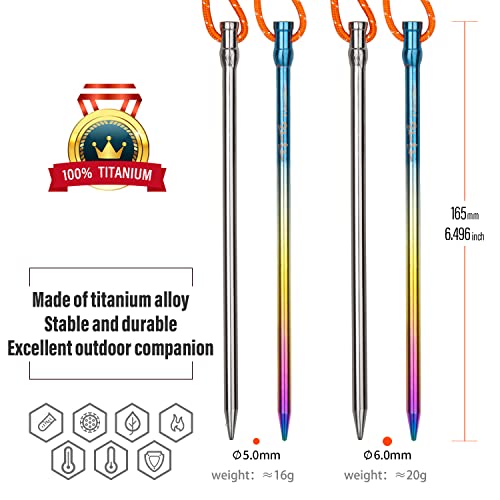 TiTo Titanium Estacas rectas para camping al aire libre con tamaño 5mm/6mm Paquete de 6 (Coloridas 5.0×165mm) miniatura 2