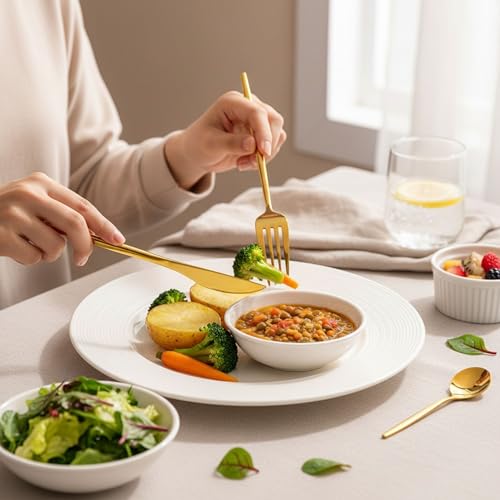 Image of 16 Pcs Gold Slim Handle Stainless Steel Cutlery Set for Dining Table with Spoons and Forks Set + Butterknives - The Perfect Tableware /Flatware