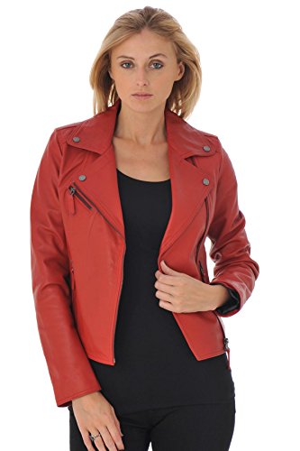 Oakwood 62086 - Veste en cuir - Col roulé - Manches longues - Femme - Rouge (Feu) - FR: 44 (Taille fabricant: XL)