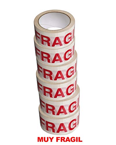 PRECINTO IMPRESO MUY FRAGIL PACK 6 ROLLOS 66MTS X 48MM CINTA ADHESIVA IMPRESA CON FONDO BLANCO LETRAS ROJAS