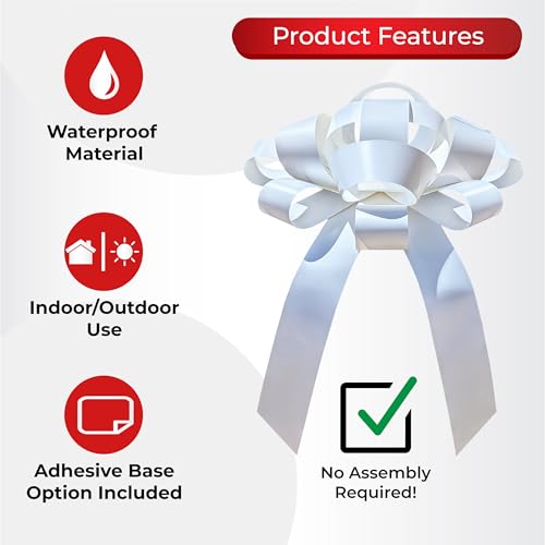 Image of CarBowz Big Car Bow for Decorations and Birthday Gifts, Large Ribbon, Magnet, Safe Sticker Included, Fully Assembled 30 inch Wide Huge Bow, No Suction Cup Needed (White)