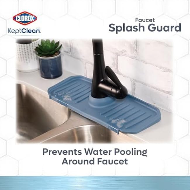 Clorox KeptClean Kitchen Faucet Splash Guard ¨C Easy-to-Install, Water-Resistant Protection for Faucets and Sink Area, Self-Draining Channels Direct Water Into Sink ¨C Steel Blue