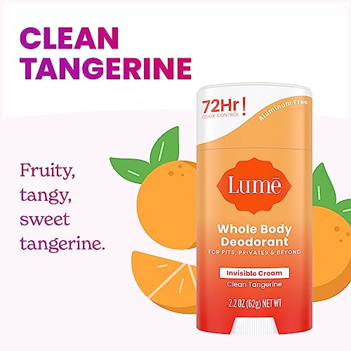 lume whole body deodorant - invisible cream stick - 72 hour odor control - aluminum free baking soda free skin safe - 22 ounce pack of 2 clean tangerine