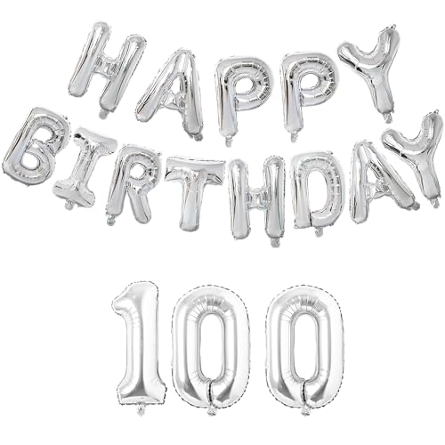 Image of Flyloons 100th Silver Colour Happy Birthday Foil Balloon Set For 100 Year Old Men Women | With Number One-Hundred | 13 Letters Reusable Happy Birthday Metallic Foil Balloons Decoration Kit, 16 Pcs