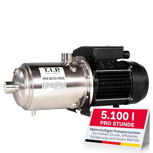 T.I.P. Profi Gartenpumpe Edelstahl (5.100 l/h Fördermenge, 54 m Förderhöhe, 5,4 bar Druck, 950 W, mehrstufig, selbstansaugend, Jet-Hydrauliksystem, thermischer Überlastschutz) MSX 85/55 INOX, 30098