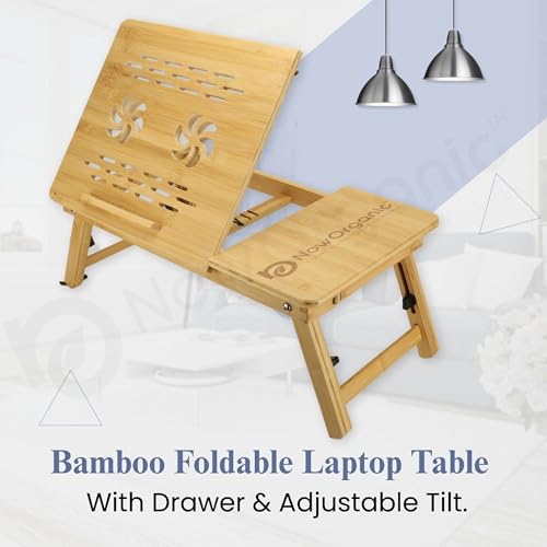 Image of Now Organic Brand Premium Bamboo Foldable Laptop Table with Adjustable Height & Tilting Top | Lap Desk for Study, Writing, Reading | Portable Bed Table with Small Storage Drawer Compact Size