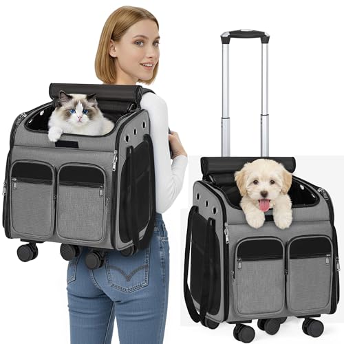 Cat Carrier with Wheels, 3-in-1 Pet Carrier Backpack on Wheels, Pet Travel Stroller Dog Trolley Backpack with Breathable Mesh, Collapsible Cats/Dogs Travel Bag for Small & Medium Pets(Grey)