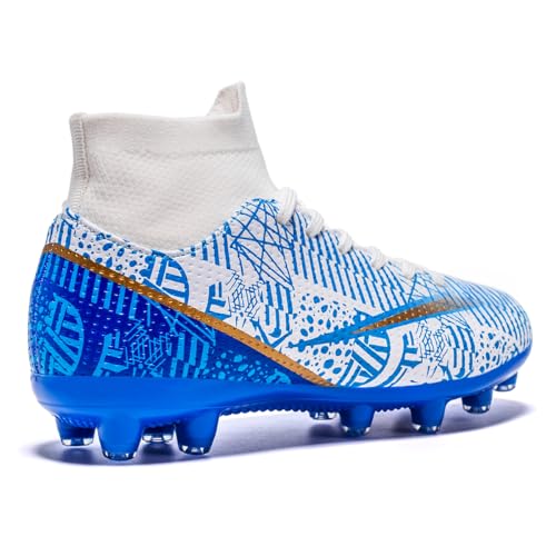 Otzttzto Kids Soccer Cleats Boys Girls Firm Ground Professional Athletic Outdoor Football Shoes White-Blue thumb #2
