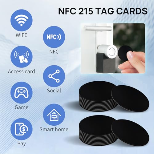 Image of 50 Pcs NFC Tags Stickers, 25mm NFC Cards with Adhesive Back, Round Rewritable NFC Coin Cards, 504 Bytes Memory Compatible with Amiibo and NFC Enabled Phones, Black