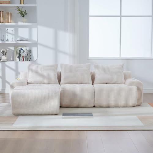 KOMHTOM Canapé Modulaire d'angle en Velours Côtelé, Canapé Profond Confortable Moderne pour Salon, Bureau, Rampe Courbée, avec Porte-Gobelet et Poches Latérales...