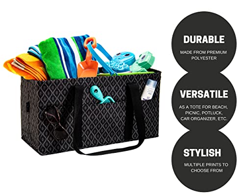 Pursetti Extra Large Utility Tote Bag for Women with 6 Exterior Pockets - Perfect as Beach Bag, Pool Bag, Laundry Bag, Storage Tote for Ballgame, Beach, Pool, and Home (Black Trellis) - Thumbnail 2