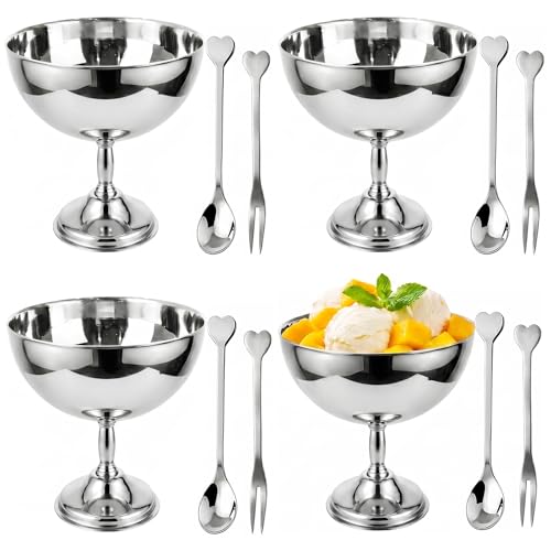 Image of Set of 4 Ice Cream Bowl, 245ml Stainless Steel Dessert Cups with Spoons, Footed Trifle Bowl, Reusable Stainless Ice Cream Bowls for DIY Sundae, Pudding, Salad, Cocktail, Condiment, Frozen Yogurt