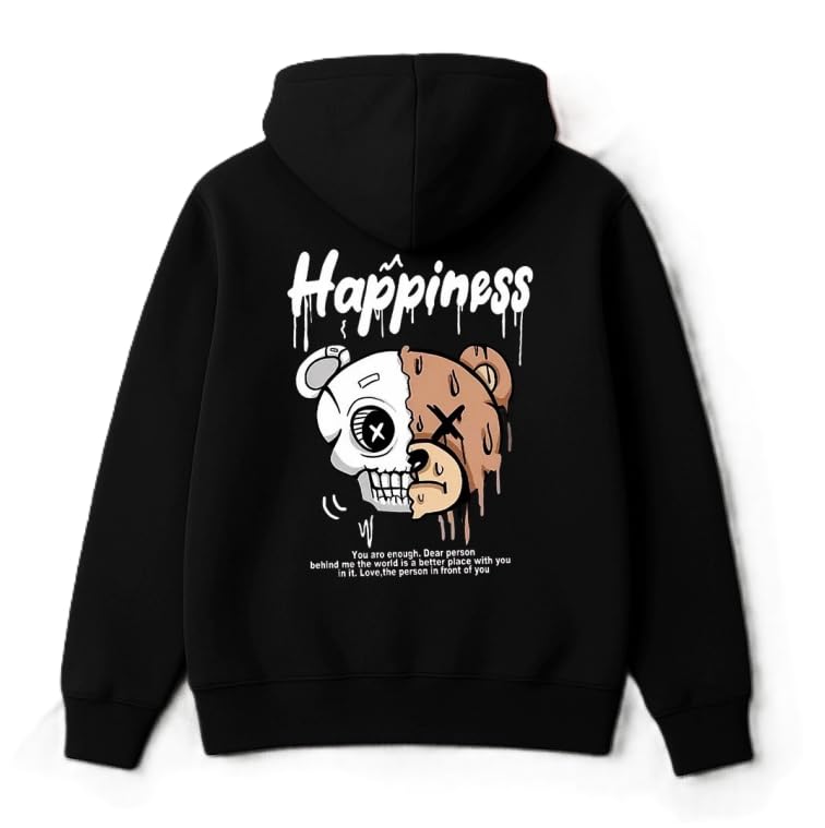 Buy Happiness Hoodie, Black, Skull and Bear Graphic Print