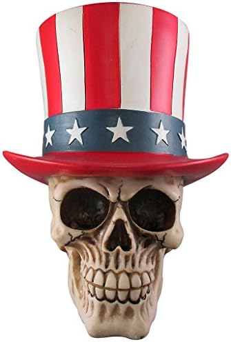 Everspring Import Company Uncle Sam Skull Figurine, Skeleton Head Sculpture Statue, American Flag Top Hat