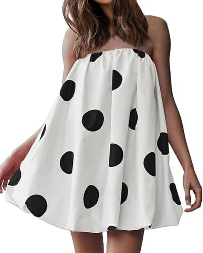 Image of Faretumiya Women Polka Dot Bubble Mini Dress Strapless Flowy Short Tube Dress Off Shoulder Y2k Balloon Dress Party Beach(