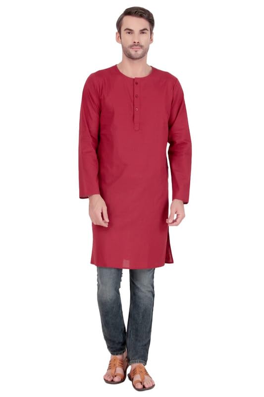 Curiozz Cotton Kurta Mens Crew Neck Design Lightweight & Comfortable Traditional Wear Color Red-L