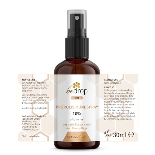 bedrop Propolis Extrakt Spray als Mundspray 30ml alkoholfrei & wasserlöslich - Auch für Kinder & Tiere geeignet - Reine Imker Qualität, ohne Alkohol, keine Zusatzstoffe