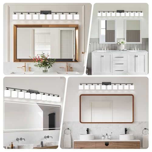 Image of 10 Light Black Vanity Lights for Giant Mirror, Bathroom Vanity Lights Over Mirror with Milky White Frosted Glass Shades,65 inch Bathroom Light Fixture for Mirrors, E26