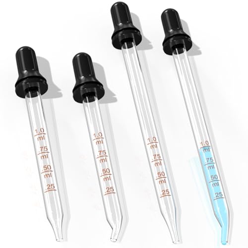 PrettyCare Eye Dropper 4 Pcs Glass Eye Dropper for 30 ml Essential Oils Bottles Round Tip Measured Medicine Droppers Calibrated 1 ml Capacity