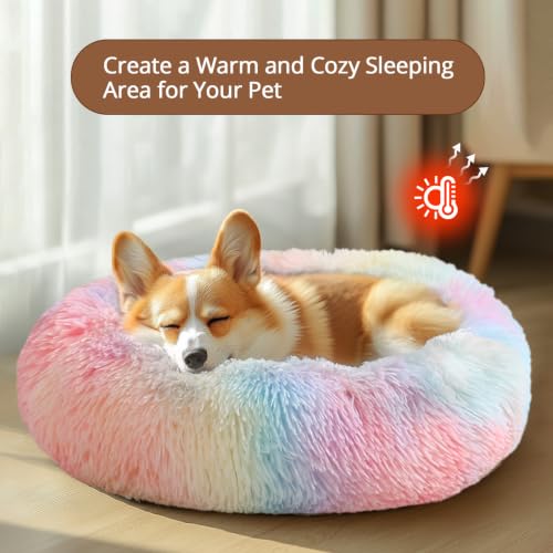 Image of JOLLYVOGUE Calming Dog Beds Extra Large Sized Dog, 45in Donut Washable Large Pet Bed, Anti-Slip & Anti-Anxiety Fluffy Faux Fur Round Dogs Bed, Fits up to 125 lbs Pets (Rainbow)