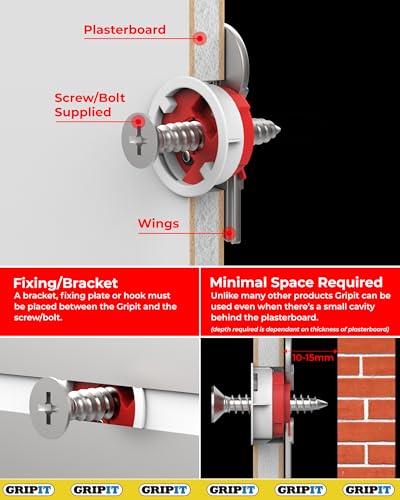Gripit Red Plasterboard Fixings - Heavy Duty Plasterboard Fixings for Drywall & Stud Walls, Holds Up to 74kg - Ideal for Shelves, Shower Units and Speakers - Easy Install & UK Designed (25 Pack)
