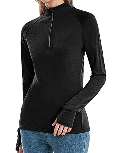 Womens 100% Merino Wool Base Layer Top 220 Midweight Zip Neck Tops for Ski2