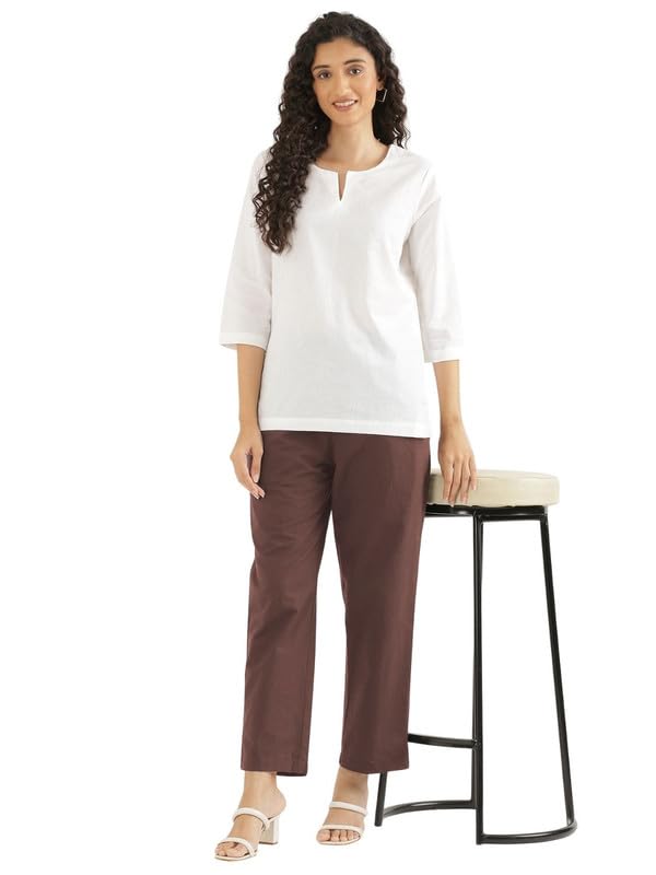 Image of SAADAA Cotton Straight Pants for Women | Breathable Everyday Wear Trousers | Drawstring, Deep Pockets & Elastic Waistband | Casual & Comfortable Fit