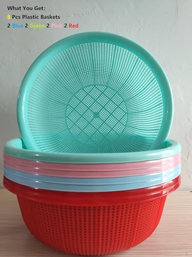 Image of 8 pcs Plastic Wash Basket Round Perforated Colander Wash Vegetables and Fruits Drain Cooked Pasta Kitchen Essentials Food Strainer Basket Strainer Kitchen Blue pink green red