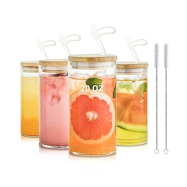 KEMORELA Drinking Glasses 20oz, Elegant Bar Glassware For Water, Highball Glasses Set of 4, Glass Tumbler with Bamboo Lid and Straw, Clear Tall Glass Cups Juice, Beer, and Cocktails & Mixed Drinks