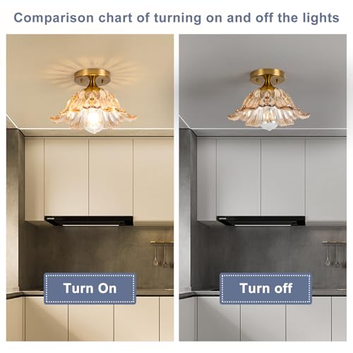 Image of Semi Flush Mount Ceiling Light,Vintage Lights Fixture Ceiling Amber Shade Glass, E26 Ceiling Light Fixtures for Closet Kitchen Bedroom, Bulb Included