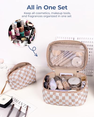 Image of BAGSMART Travel Makeup Bag, 2-Piece Puffy Quilted Cute Make Up Bag Cosmetic Bags for Women, Large Wide-Open Toiletry Pouch Gifts for Toiletries Accessories Travelling Essentials, Checkered Blue