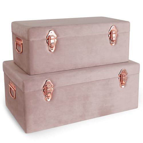 Beautify Storage Trunks, Set of 2 Pink Velvet Finish Storage Chests w/Rose Gold Detailing, Stackable Bedroom Chest Organiser w/Lockable Lids, Sturdy Multi-Purpose Bedding, Blanket & Toy Box