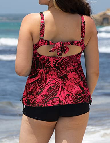 Septangle Tummy Control Two Piece Bathing Suit with Boy Shorts V Neck Swimwear Tankini Swimsuits (18, Red)