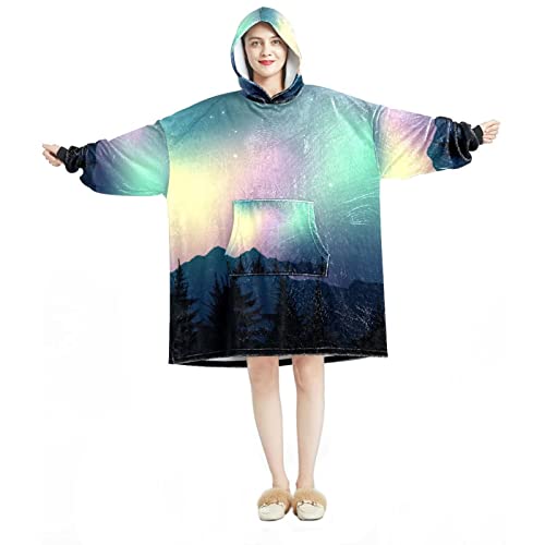 Sweat à capuche surdimensionné en flanelle Sherpa motif aurores boréales pour adulte