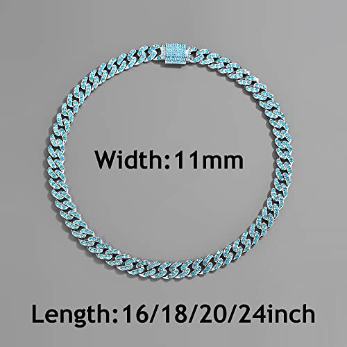Apzzic 11Mm Cuban Link Necklace Iced Out Miami Gold Plated Hip Hop Full Cz Prong Diamond Necklace For Men Women Blue 20Inch #TOP3