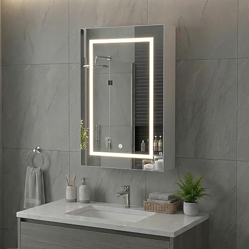 BEIJIALY Badezimmer spiegelschrank mit Beleuchtung 70x50cm, Spiegelschrank Bad mit LED Doppeltür Badschrank mit Spiegel und Ablage,Hängeschrank,3 Beleuchtungsmodus,Berührung Sensorschalter Weiß