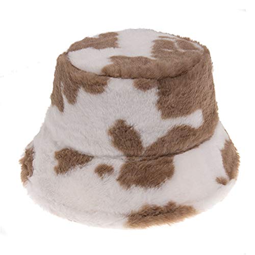 Winter Plush Bucket Hat for Women Cow Print Fuzzy Bucket Caps Casual Warm Faux Fur Fisherman Hats (Brown (Cow Print))