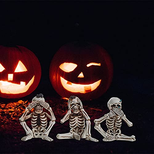 Image of Skeletons Statue Set of 3pcs Hear See Speak No Evil Realistic Skull Figurines Macabre Halloween Gothic Home Decor, Office Desk Decorations, Halloween Decorations, 5.2''