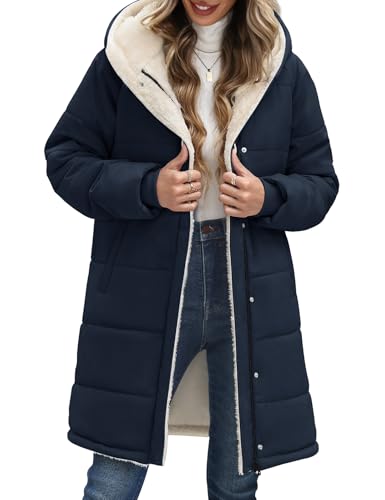 Vancavoo Manteau Femme Hiver Blouson Polaire Chaud Veste à Capuche Décontracté Matelassée Doudoune Parka Longue Outercoat avec Zippé,Bleu marine,L