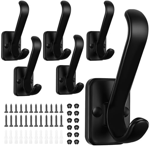 Coat Hooks Wall Mount Heavy Duty - Metal Towel Hooks With Concealed Screw Design Matte Black Wall Hooks for Hanging Towel, Key, Robe, Scarf, Garage Entryway Closet Mudroom Bathroom (6, Black)