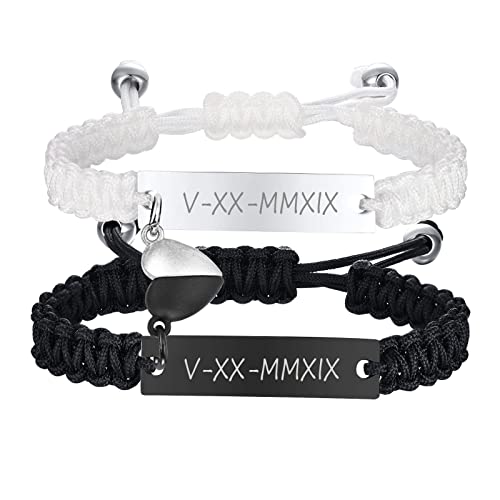 Xuanpai Engraved Handmade Matching Couples Rope Braided Id Bracelets Set Anniversary Personalized Gift For Him And Her (Heart, Engraved) #TOP8