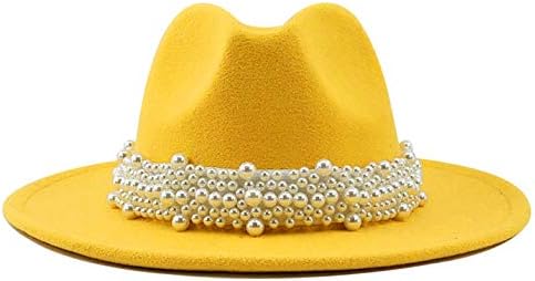 EOZY Women's Vintage Pearl Band Fedora Hat Trendy Wide Brim Trilby Panama Hat/Yellow