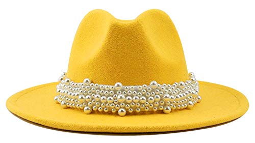 Eozy Women's Vintage Pearl Band Fedora Hat Trendy Wide Brim Trilby Panama Hat/Yellow #TOP1