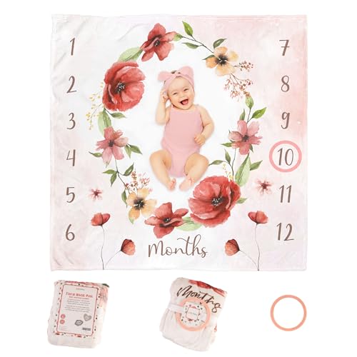 Image of KooKooBaby Monthly Baby Milestone Blanket, 47"x47" Premium Fleece Baby Milestone Blanket with Felt Marker, Floral Blush
