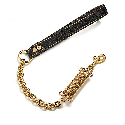 Short Dog Leash 22 inch Shock Absorbing Indestructible Safety Flexi No-Pull 18K Gold Metal with Bungee Buffer Spring Genuine Leather for Big Strong Dog (Gold)