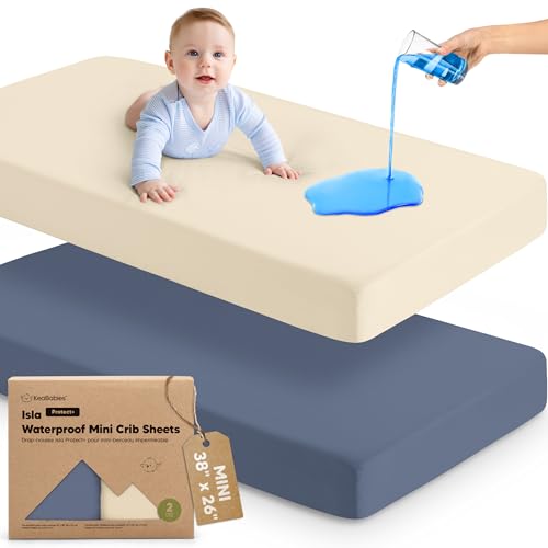 Image of 2-Pack Waterproof Pack and Play Sheets, Mini Crib Sheets Fitted for Boy, Girl - 38 x 26 Viscose from Bamboo Pack N Play Mattress Sheets for Graco, Toddler Playard Baby Crib Sheets Neutral(Maritime)