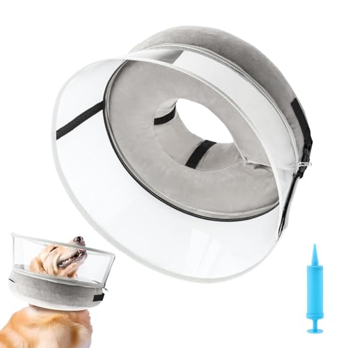 Image of Inflatable Dog Cone Collar for Dogs After Surgery, 2 in 1 Soft Inflatable Dog Cone with Manual Inflator and Clear PVC Anti-Licking Shield, Dog Recovery Protective Collar(Grey,Color:L)