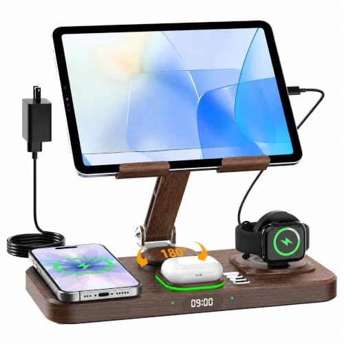 Image of 30W Charging Station for Apple Products,Foldable Wireless Charger with Clock Display&7 Color Light,Wired Charging for iPad /Tablet Charging Station for iPhone17, for Apple Watch11for AirPods4(Woodgrain