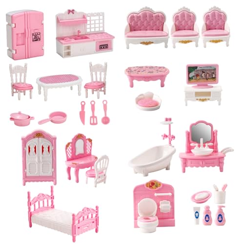 Juegos de muebles para casa de muñecas, pack de 4 miniaturas de plástico con cocina y dormitorio